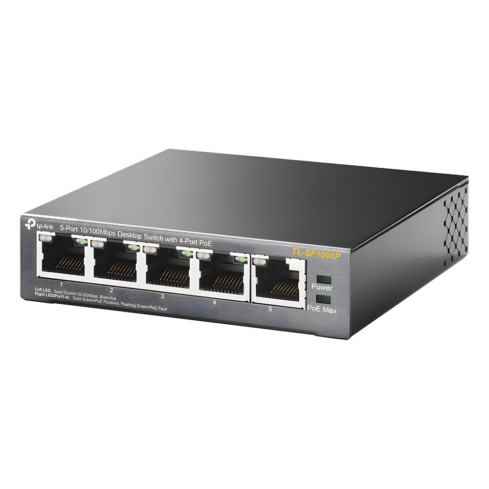 Switch PoE no Administrable de escritorio / 5 puertos 10/100 Mbps / 4 puertos PoE af/at / Presupuesto 67 W / Modo Extensor hasta 250 m / Calidad video prioritaria