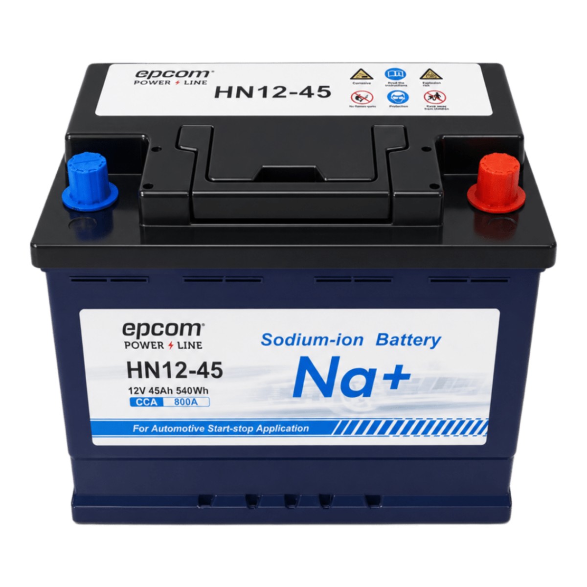 Batería Automotriz de Iones de Sodio para Start-Stop / 12 Vcc 45 Ah / 540 Wh / 800 CCA / 3000+ Ciclos / Reemplazo Directo de Plomo-Ácido