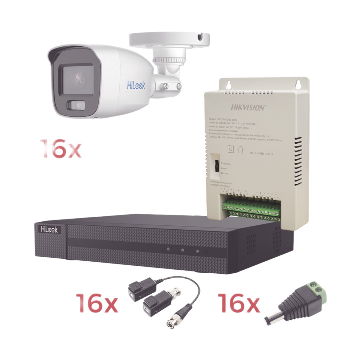 Kit TurboHD 1080p Lite / DVR 16 Canales / 16 Cámaras Bala Exterior ( 2.8mm) con ColorVu + Micrófono Integado / Transceptores / Conectores / Fuente de Poder Profesional