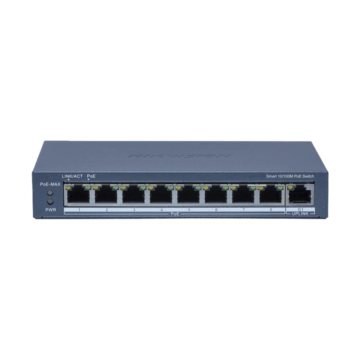 Switch PoE+ / Monitoreable / 8 Puertos 10/100 Mbps PoE+ / 1 Puerto 1000 Mbps Uplink /  Configuración Nube Hik-Partner Pro / Modo Extendido hasta 300 metros / 60 W