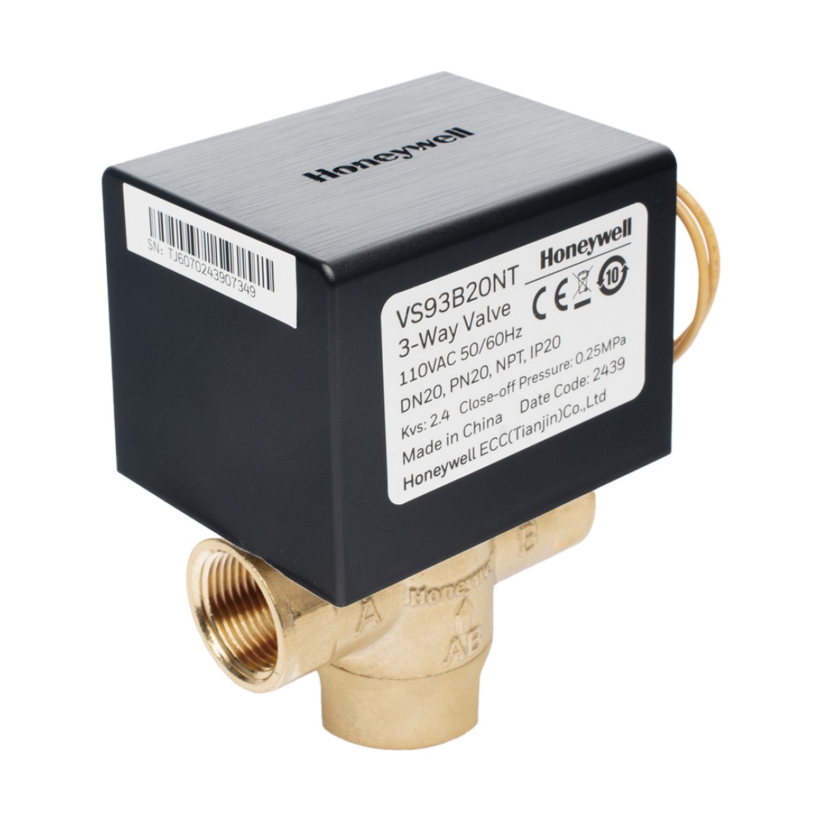 Válvula de control eléctrica de 3 vías para fancoil, retorno por resorte, normalmente cerrada, 110 V CA, DN20 (3/4"), conexión NPT