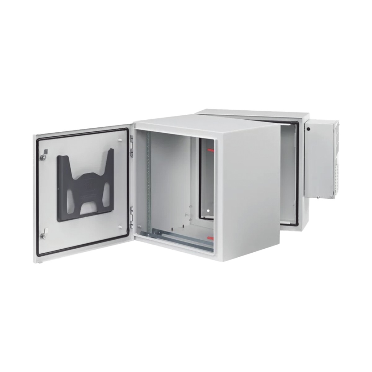 Gabinete Industrial ProTek de 12 UR Puerta Sólida de 612 x 600 x 789 mm Con Aire Acondicionado de 2000 BTU, Protección NEMA Tipo 4/12; IP66; IK10, Abatible, Fabricado en Acero, Color Gris Claro
