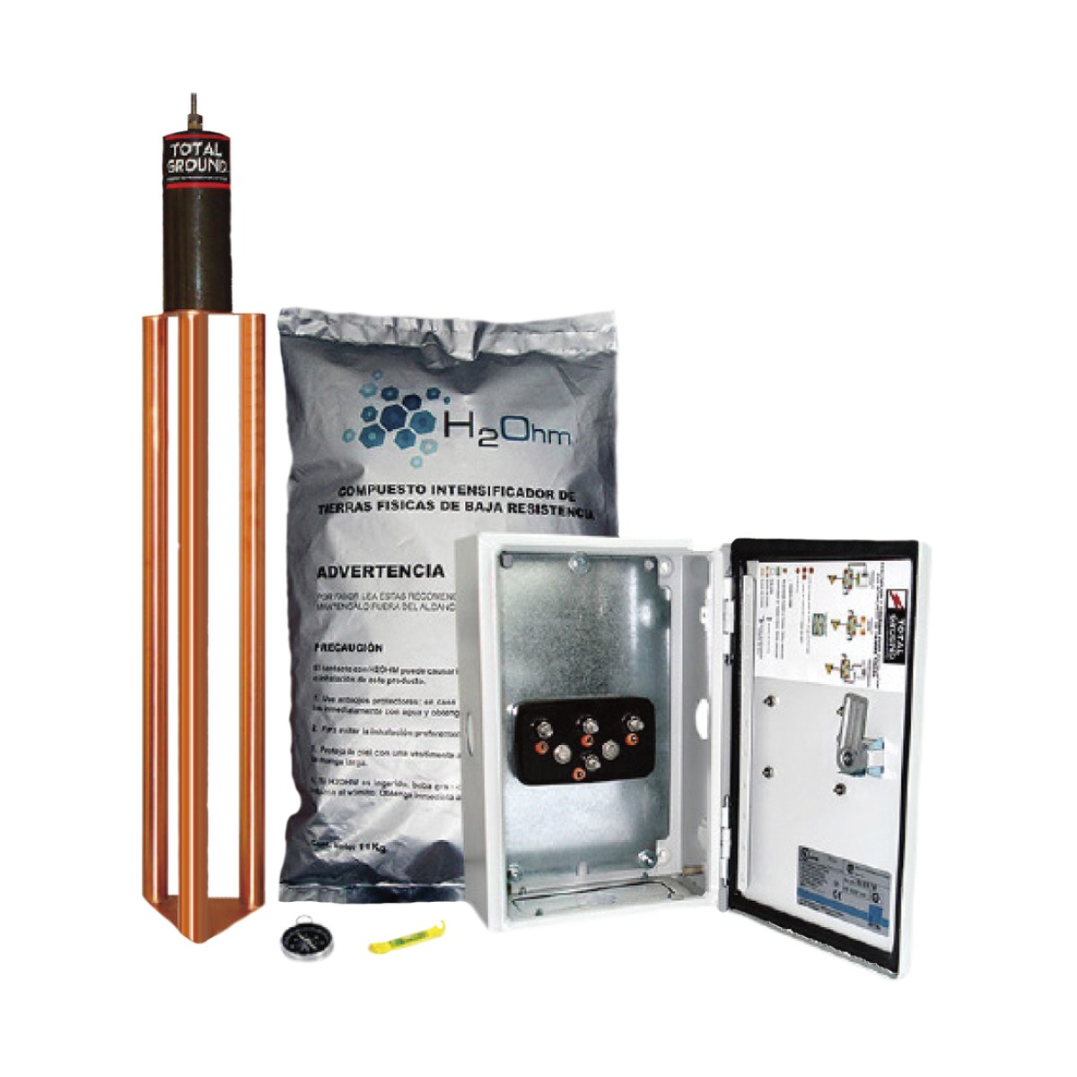 Kit de puesta a tierra de 45 A con Electrodo, Filtro, Acoplador y Compuesto H2Ohm.