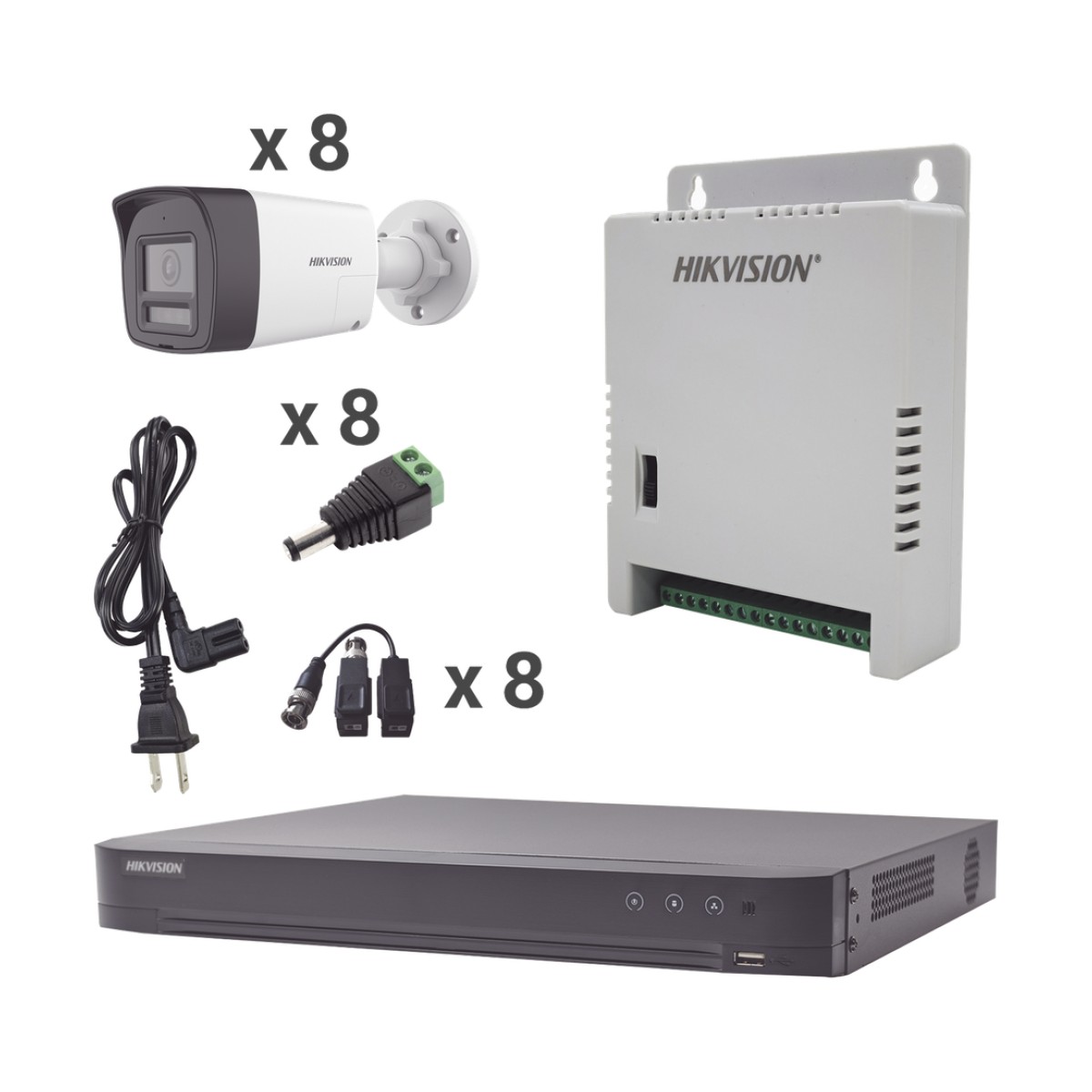Kit Audio Bidireccional TurboHD 4K-3K / DVR 8 Canales 4K / 8 Cámaras Bala (Exterior) con Bocina y Microfóno Integrado 3K / 1 Fuentes de Poder / Accesorios