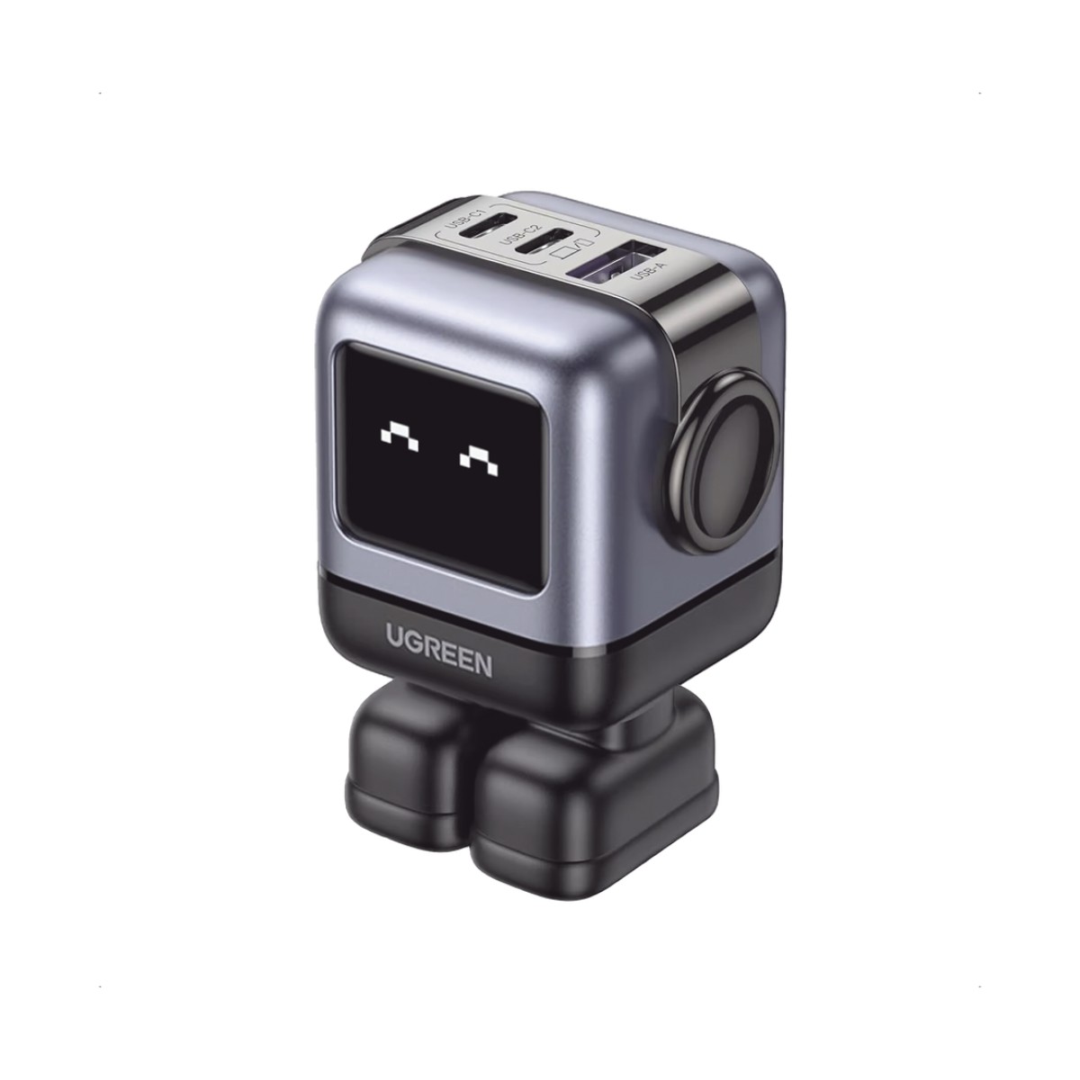 Cargador RobotGaN de 65W Serie UNO | 3 Puertos de Carga Rápida | 2 USB-C | 1 USB-A | PD 3.0 | QC 4.0 | Carga Inteligente | Tecnología GaN II | Zapato Magnético Extraíble | Carcasa Ignífuga | Pantalla LED