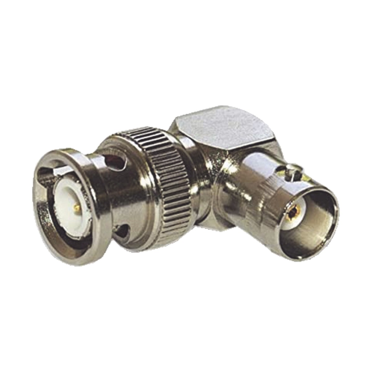 Adaptador en Ángulo Recto para 75 Ohm, de Conector BNC Macho a BNC Hembra (Monitor), Níquel/ Oro/ Teflón.