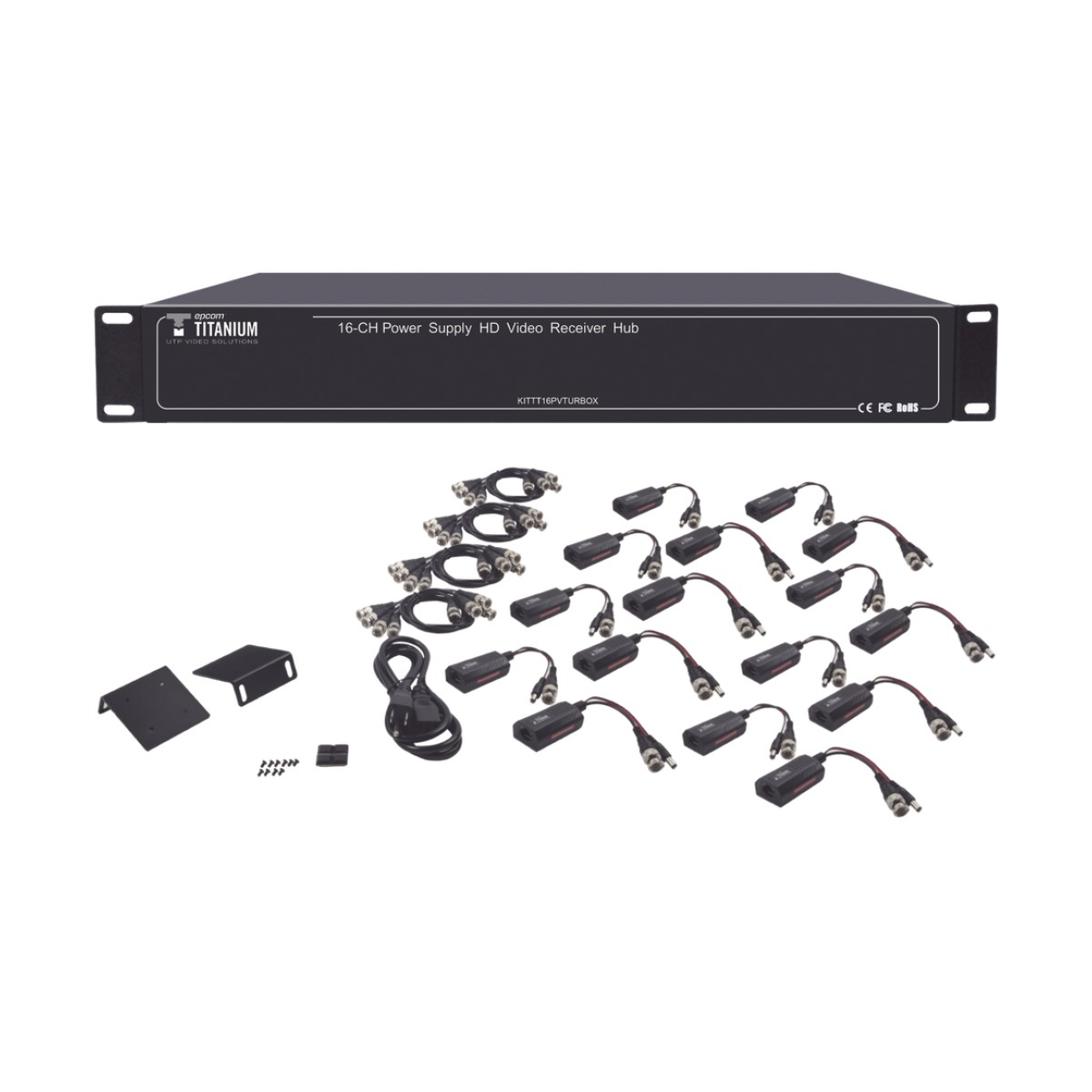 Kit de TRANSCEPTOR ACTIVO DE 16 Canales / VIDEO+PODER en un solo Cable UTP / 150m en 4K, 200m en 5 MP/ Envía 36 Vcc y recibe 12 Vcc / TODO INCLUIDO PARA RACK / Compatible con cámaras HD-TVI/CVI/AHD/CVBS / Instalación Limpia
