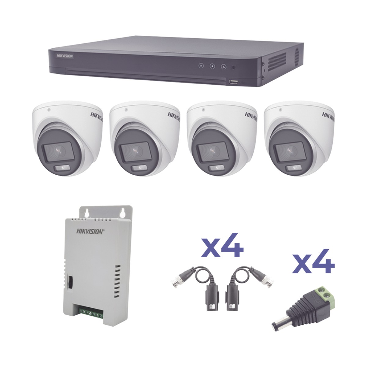 KIT COLORVU TURBOHD 1080p / DVR 4 Canales / 4 Cámaras eyeball (exterior) lente 2.8mm / Fuente de poder profesional / Transceptores de video y Accesorios de corriente
