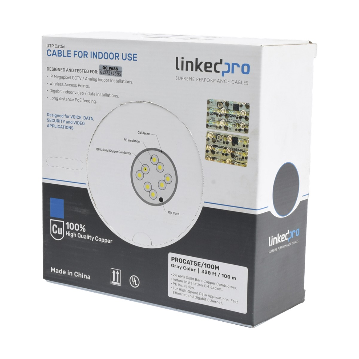 Cable Cat5e de Alto Rendimiento, con Certificaciones ETL, UL, Color Gris, de 100 Metros (328 Pies) para Aplicaciones en CCTV, Redes de Datos. Uso Interior.