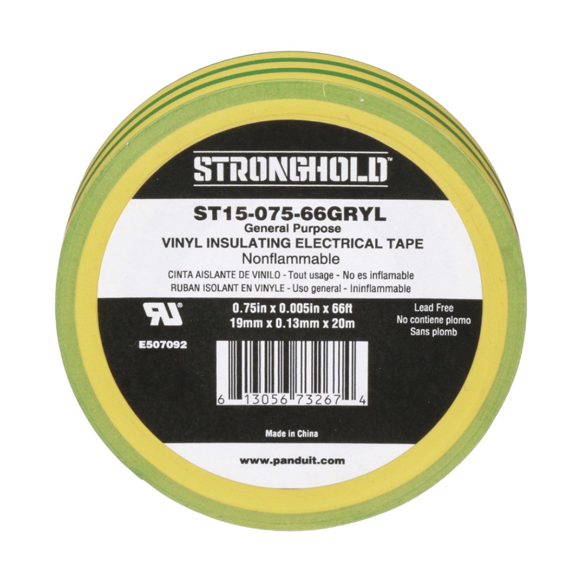 Cinta Eléctrica STRONGHOLD para Aislar, de PVC, Uso Construcción General en Tierras Físicas, Grosor de 0.13 mm (5 mil), Ancho de 19.05 mm, y 20.12 m de Largo, Color Amarillo/Verde.