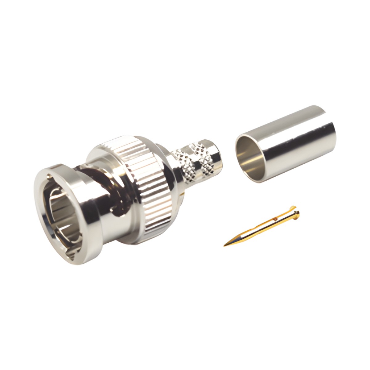 Conector BNC Macho en 75 Ohm, Anillo Plegable para Coaxial 8279, RG-59/U, Níquel/ Oro/ Teflón.
