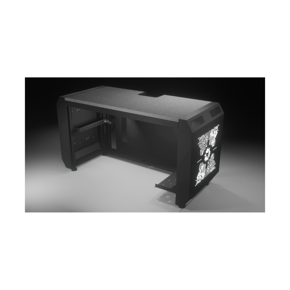 Consola Profesional para Monitoreo o Computo | Ranura para Base de Monitores | Microperforaciones | Luces LED Decorativas | Tomacorriente HTCM1U10C | Tapas Organizadoras de Cables | Niveladores | Rack para Montaje de Equipos | Ranura Pasaca