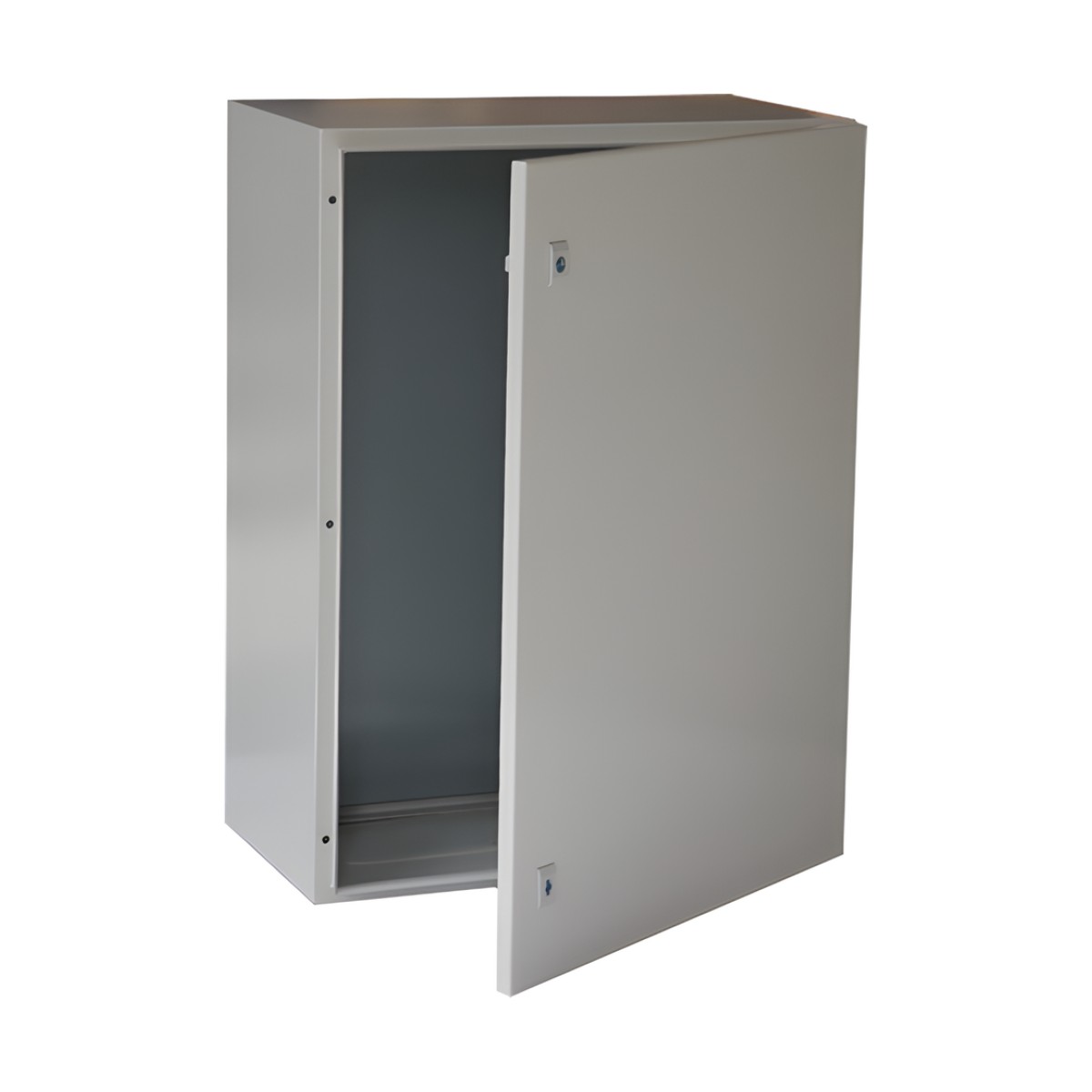 Gabinete de Acero IP66 Uso en Intemperie (600 x 800 x 300 mm) con Placa Trasera Interior Metálica y Compuerta Inferior Atornillable (Incluye Chapa y Llave T).