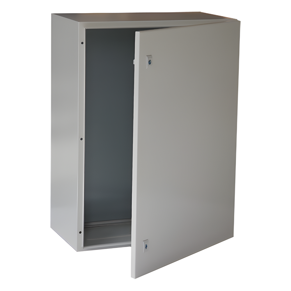 Gabinete de Acero IP66 Uso en Intemperie (600 x 800 x 300 mm) con Placa Trasera Interior Metálica y Compuerta Inferior Atornillable (Incluye Chapa y Llave T).