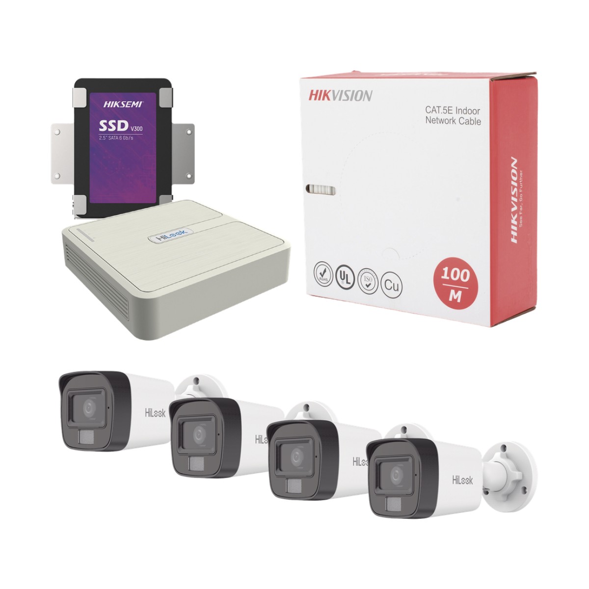 Kit IP 4 Megapixel / NVR de 4 Canales / 4 Cámaras IP Dual light y Microfono Integrado / Bobina de Cable de 100 mts / Disco Duro 1 TB