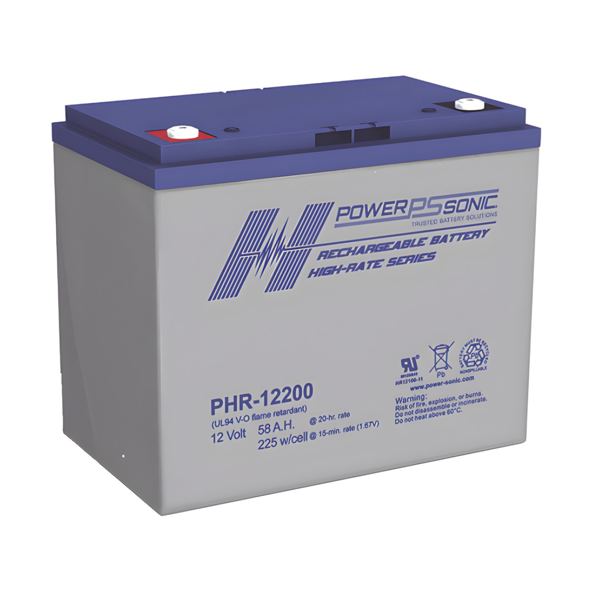 Batería 12V, 58AH, Para Respaldo, Serie PHR, Tecnologías AGM/VRLA, 5 Años Vida Útil, Terminales M6, Reconocida UL