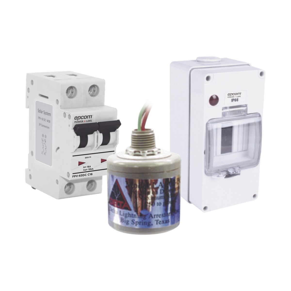 Kit de Centro de Carga Para Corriente Directa, Breaker de hasta  800 Vcc de 16 A con Supresor de Descargas Atmosféricas.