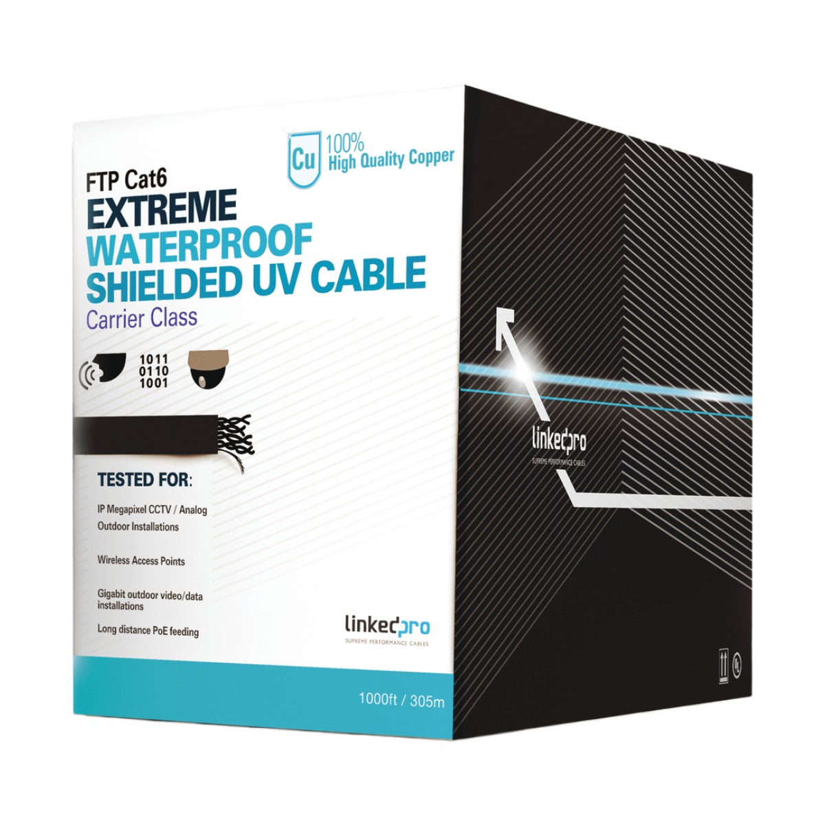 Bobina de Cable de 305 Metros (1000 Pies) Cat6+ Calibre 23 Exterior Blindado Tipo FTP para Climas Extremos, UL, Color Negro