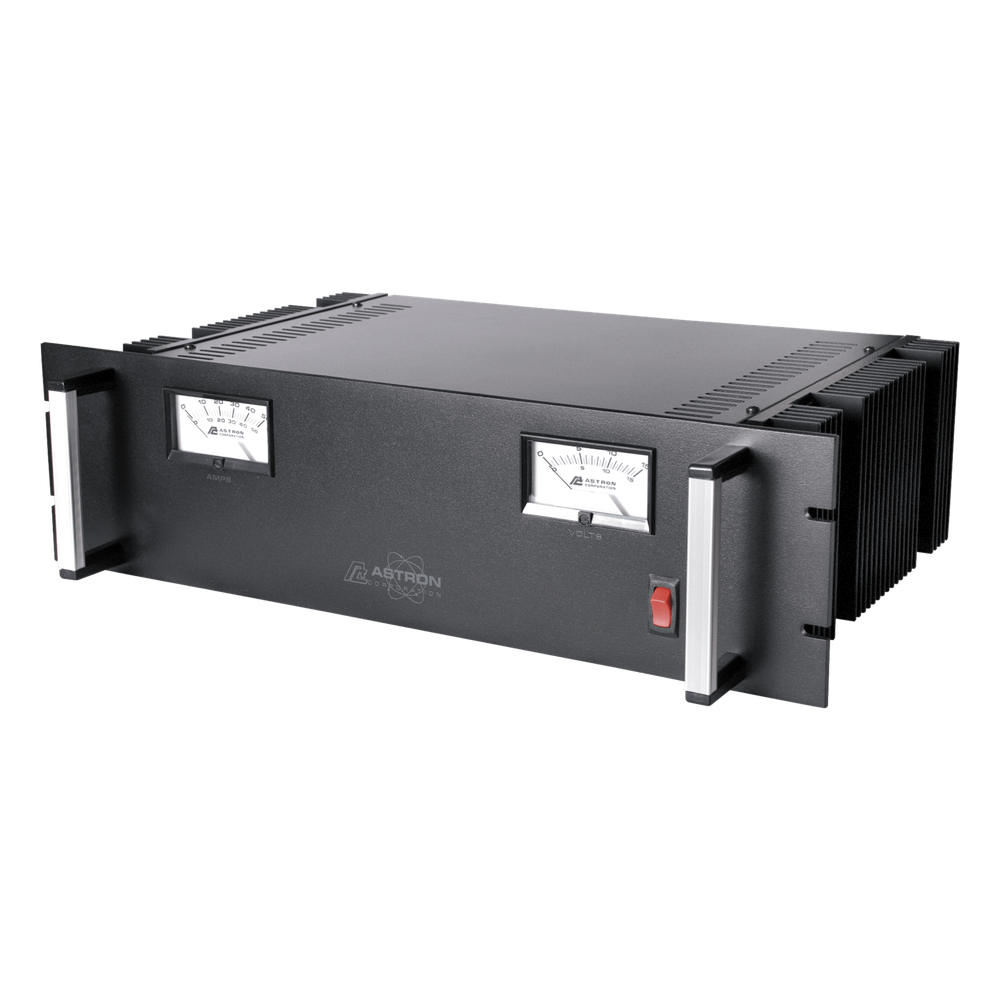 Fuente de poder 13.8Vcc, 50A, lineal regulada con circuito cargador de baterías, medidores, para instalación en rack