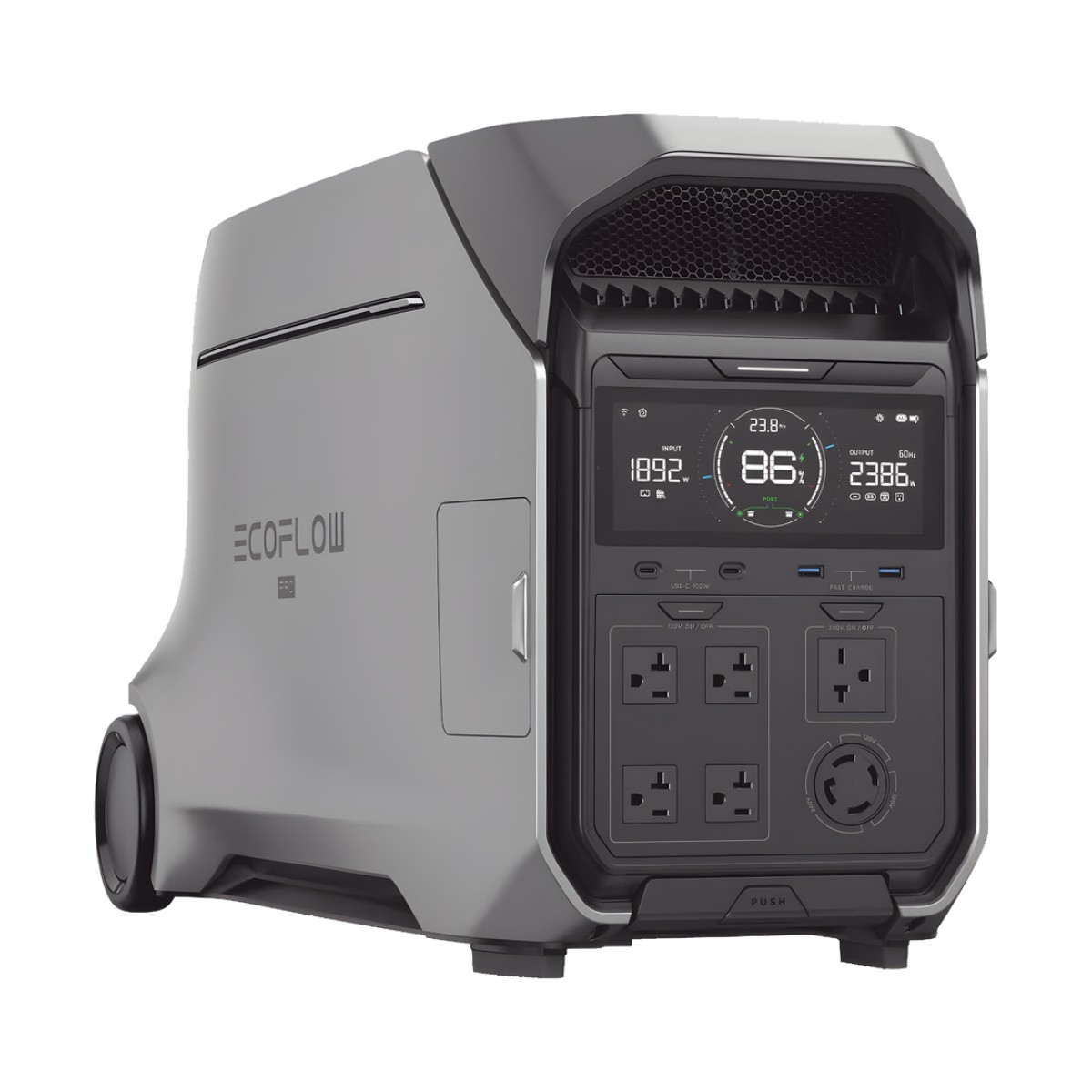Estación de Energía Portátil DELTA PRO3 / 4096Wh Litio LFP / 5 AC 4000W (8000W Pico) / 2 USB-C 100W / Capacidad para Aumentar Respaldo / Cargador de Coche 10A a 12.6V / Conectividad WiFi y Bluetooth (App) / Carga Solar 2600W Max. (2 P