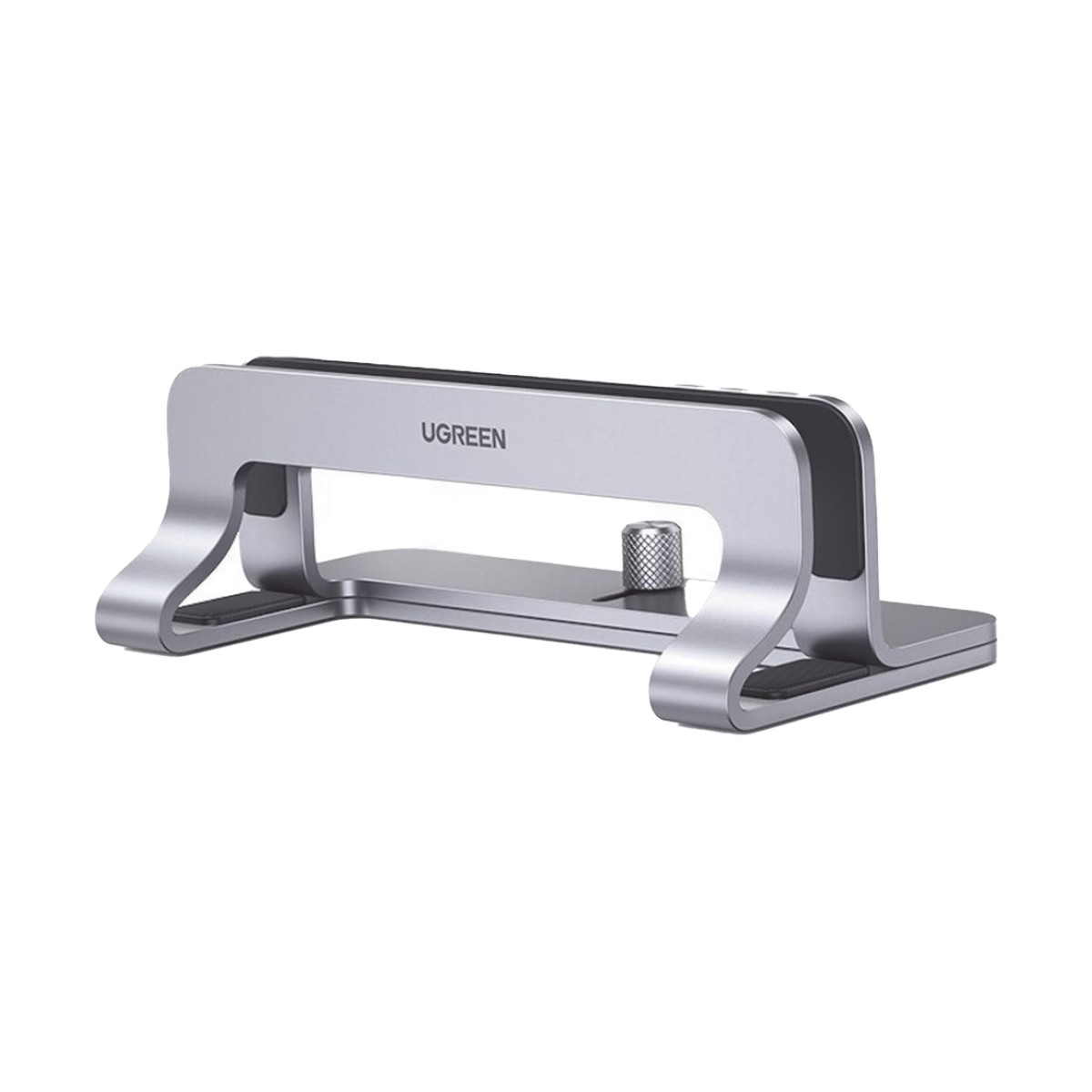 Soporte Vertical para Laptop / Adecuado para escritorio / Anchura Ajustable (12-26mm) / Amplia compatibilidad / Anti-Arañazos / Anti-Deslizante /Ajustable Mediante Tornillos / Color Plata / Aluminio + Silicona