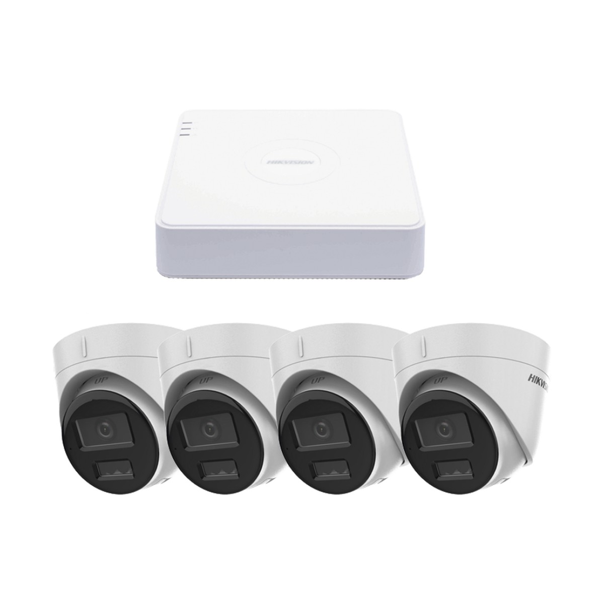 Kit IP 1080p (2 Megapixel) / NVR de 4 Canales con 4 Puertos PoE / 4 Cámaras IP Turret con Micrófono Integrado / ColorVu y ACUSENSE Lite