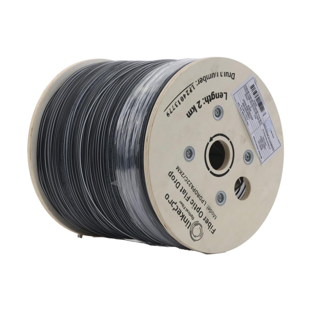 Carrete de 2 km de Fibra Óptica Drop Plana, Interior/Exterior G.657A2 Monomodo de 2 Hilos (Bifibra), Dieléctrica, Forro Negro, (No Soporta Conectores Mecánicos)