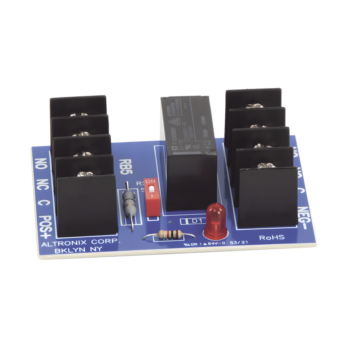 Relé DPDT / Entrada 6 o 12VDC / Contactos 5A/220VAC o 28VDC / Consumo 120mA / Indicador LED de Activación
