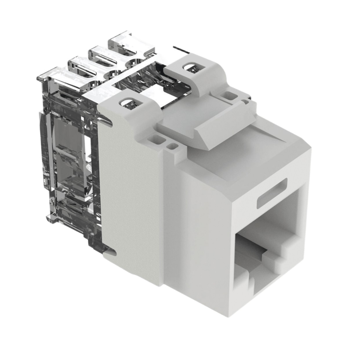 Conector Jack Estilo 110 (de Impacto), Tipo Keystone, Categoría 6A, de 8 Posiciones y 8 Cables, Color Blanco