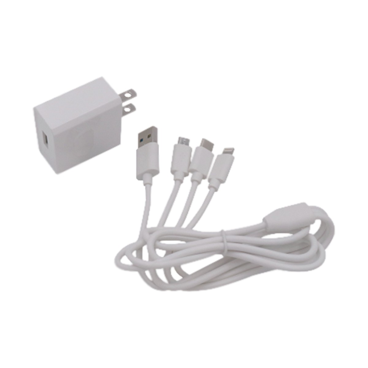 Cargador de pared USB de 5 Vcc 2A / Multi-puertos / USB-C / Micro USB / Tipo C / Lightning (iPhone) / Extensión de cable 1.2 metros