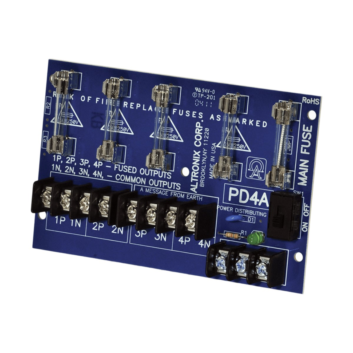 Módulo Distribuidor de Energía / 4 Salidas con Fusible 2.5A / Entrada 28VAC o 28VDC hasta 10A / Fusibles 3.5A/250V / LED Indicador por Salida / Montaje Compacto