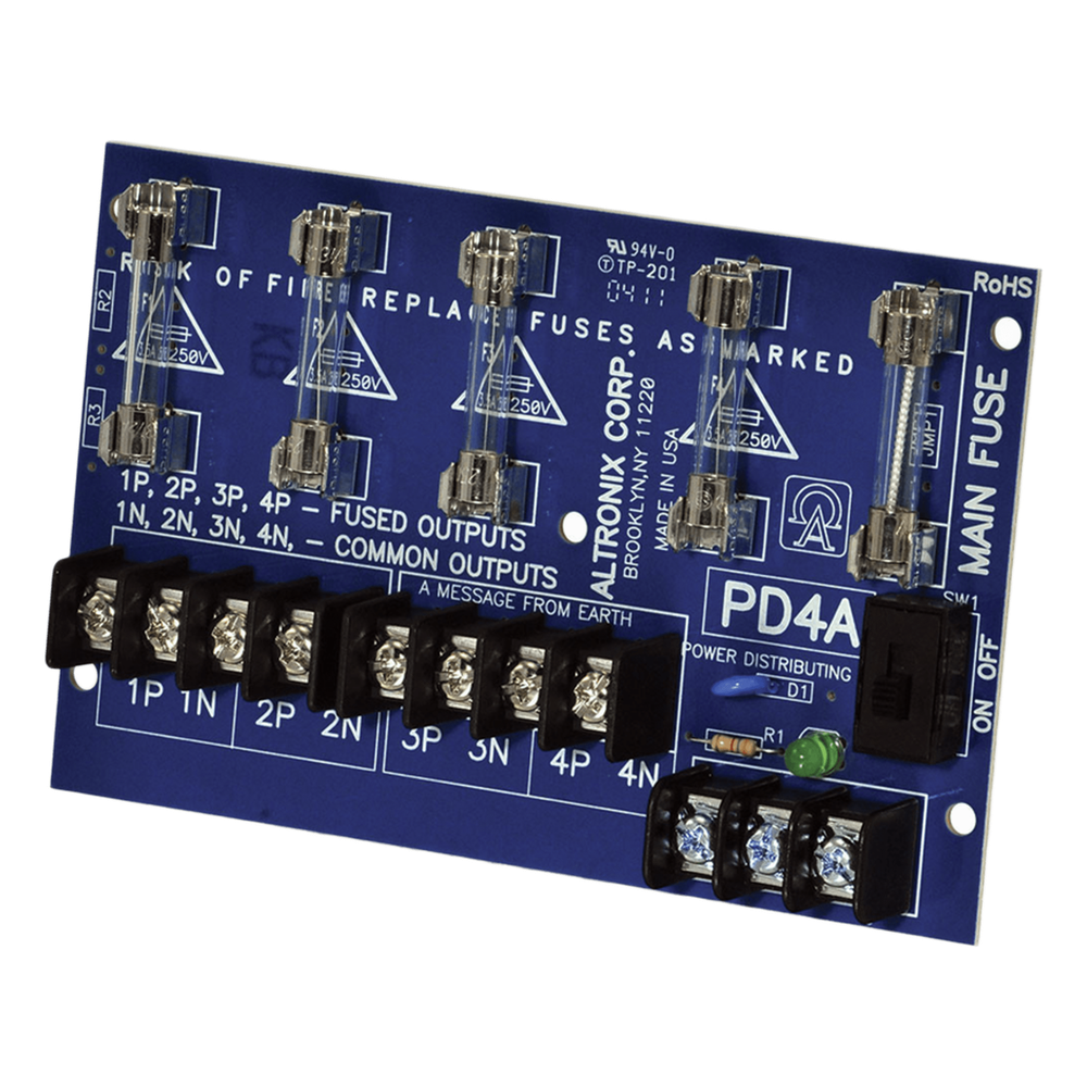 Módulo Distribuidor de Energía / 4 Salidas con Fusible 2.5A / Entrada 28VAC o 28VDC hasta 10A / Fusibles 3.5A/250V / LED Indicador por Salida / Montaje Compacto