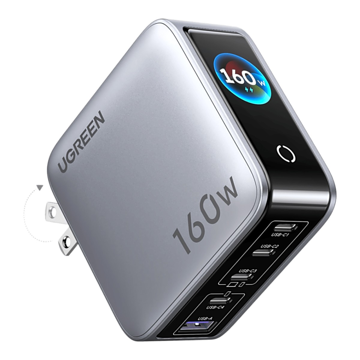 Cargador Rápido GaN de 5 Puertos 160W / Pantalla TFT Inteligente / Control por App / 140W por Puerto / Carga Simultánea 5 en 1 / Asignación Inteligente SmartCharge® / Protección Térmica Thermal Guard™