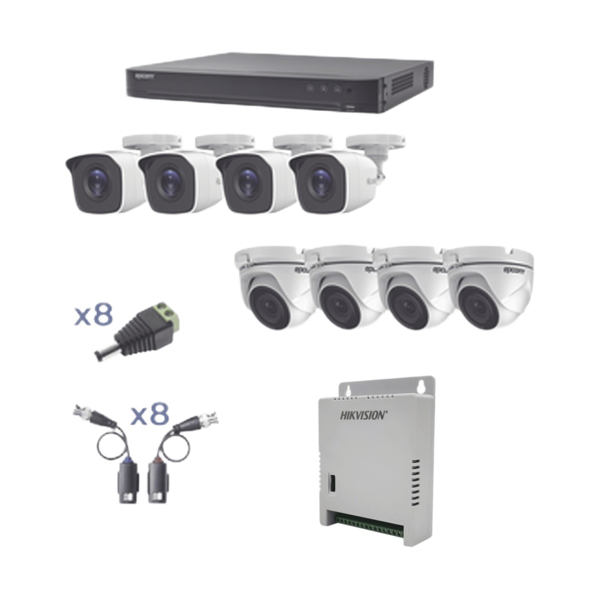 KIT TurboHD 1080p / DVR 8 Canales / 4 Cámaras Bala (exterior 2.8 mm) / 4 Cámaras Eyeball (exterior 2.8 mm) / Transceptores / Conectores / Fuente de Poder Profesional hasta 15 Vcc para Largas Distancias
