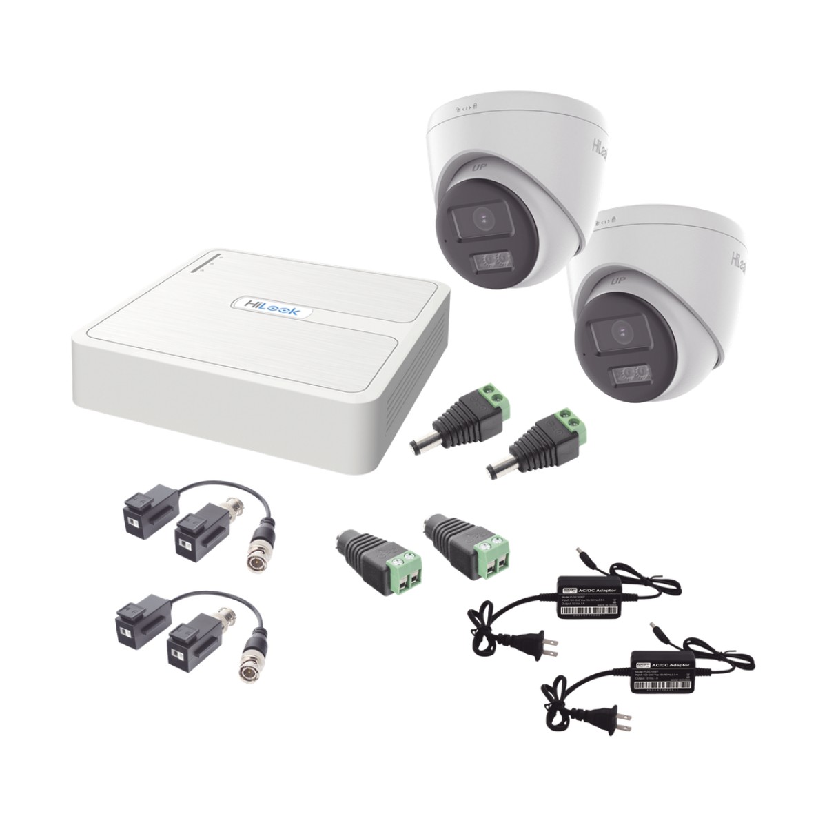 Kit HiLook Audio Bidireccional TurboHD 1080p / DVR 4 Canales / 2 Cámaras Turret (Exterior) con Bocina y Microfóno Integrado / 2 Fuentes de Poder / Accesorios