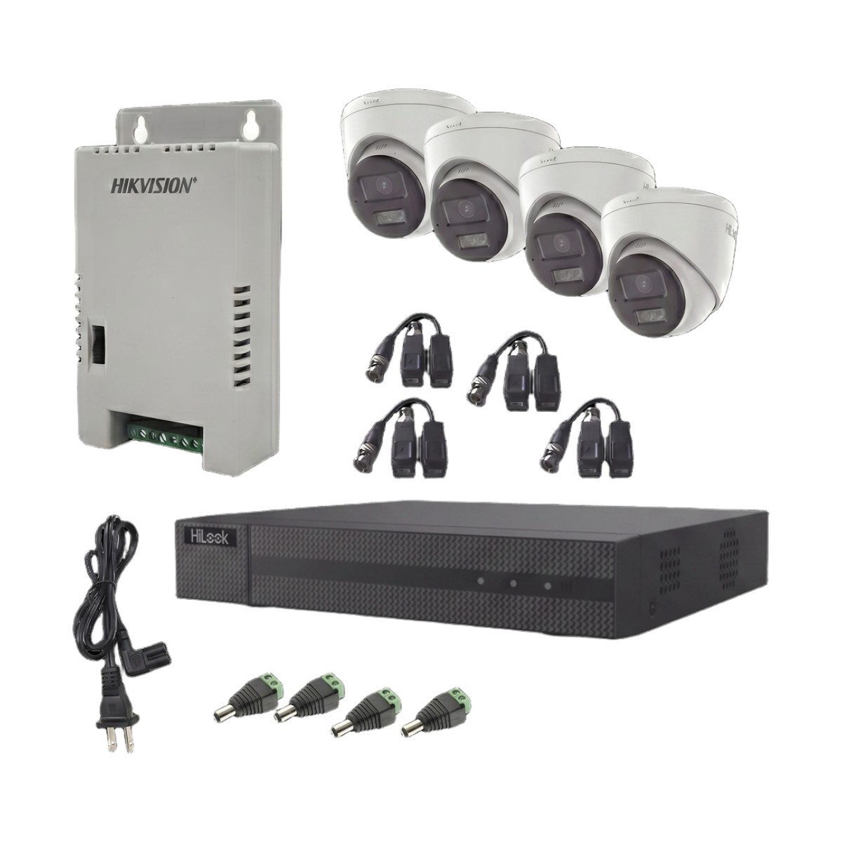 Kit HiLook Audio Bidireccional TurboHD 1080p / DVR Metalico 4 Canales / 4 Cámaras Eyeball (Exterior) con Bocina y Microfóno Integrado / 1 Fuente de Poder / Accesorios