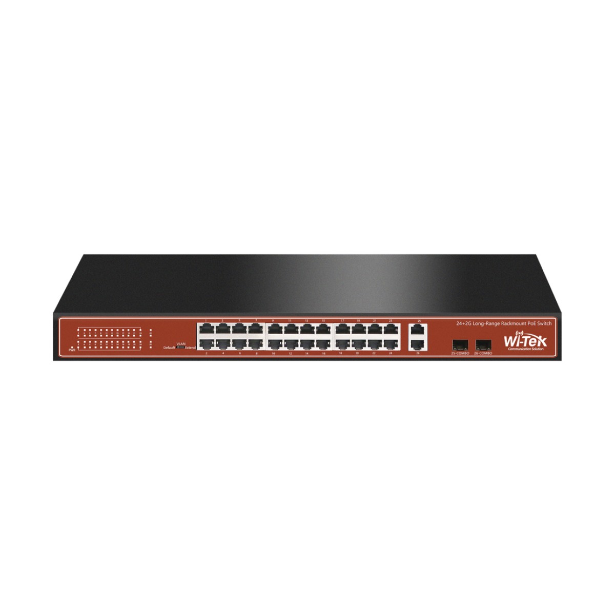 Switch PoE (802.3af/at/bt) / No administrable de largo alcance / Hasta 250m / Con 24 x 10/100Mbps + 2 x SFP Gigabit Combo / 250 W