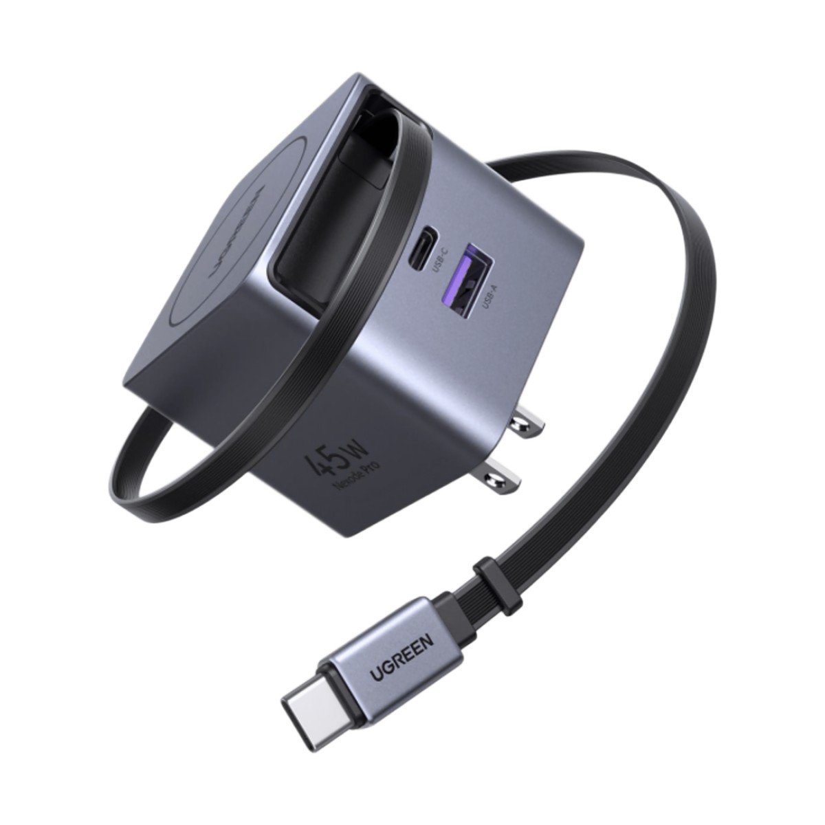Cargador Rápido UGREEN 45W GaN / Cable Retráctil 0.7m / 3 Puertos USB-C + USB-A / Tecnología GaNInfinity 95% Eficiencia / 8 Capas Protección / Carga Simultánea 3 Dispositivos / Compacto para Viajes
