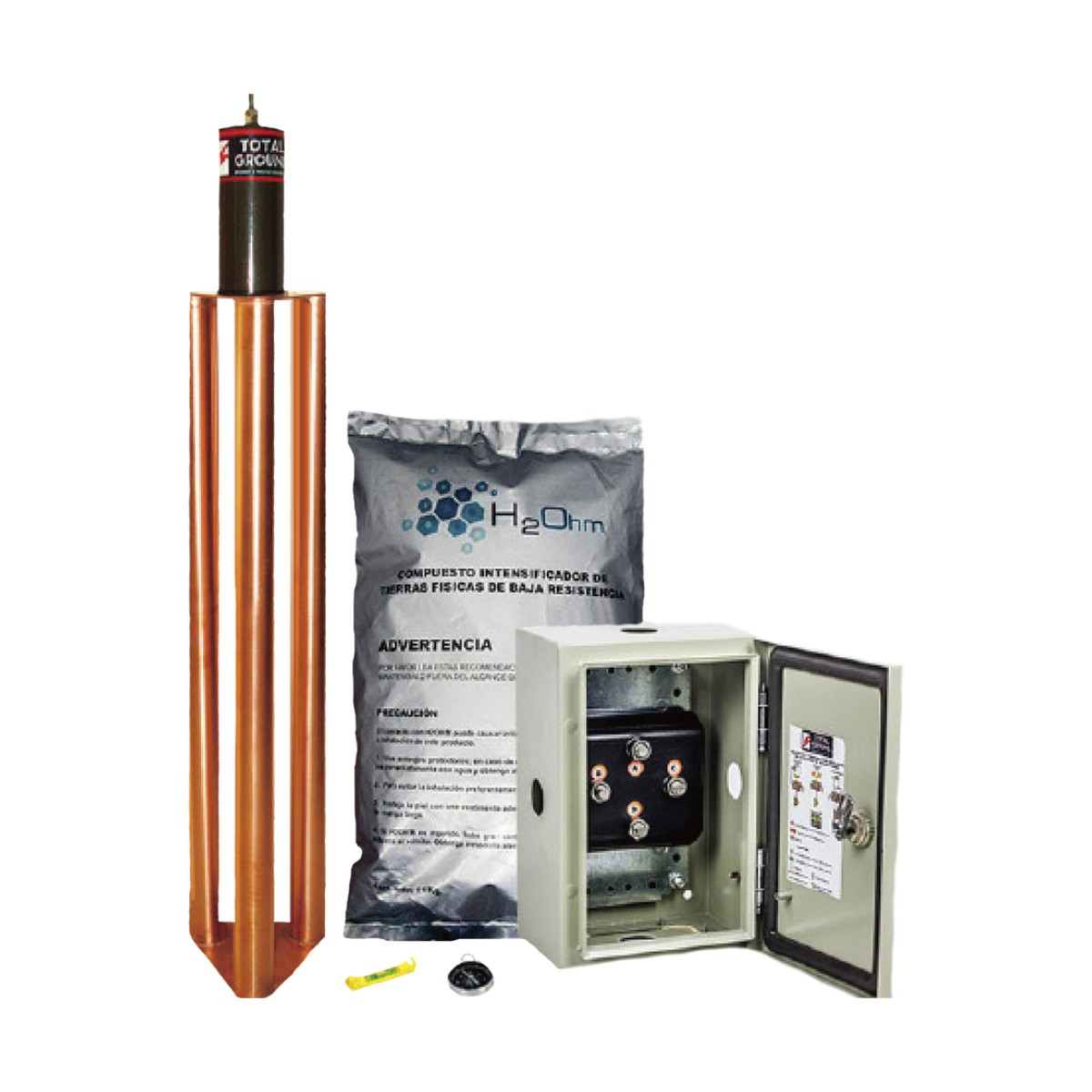 Kit de puesta a tierra de 100 Amperes con Electrodo, Filtro, Acoplador y Compuesto H2Ohm.