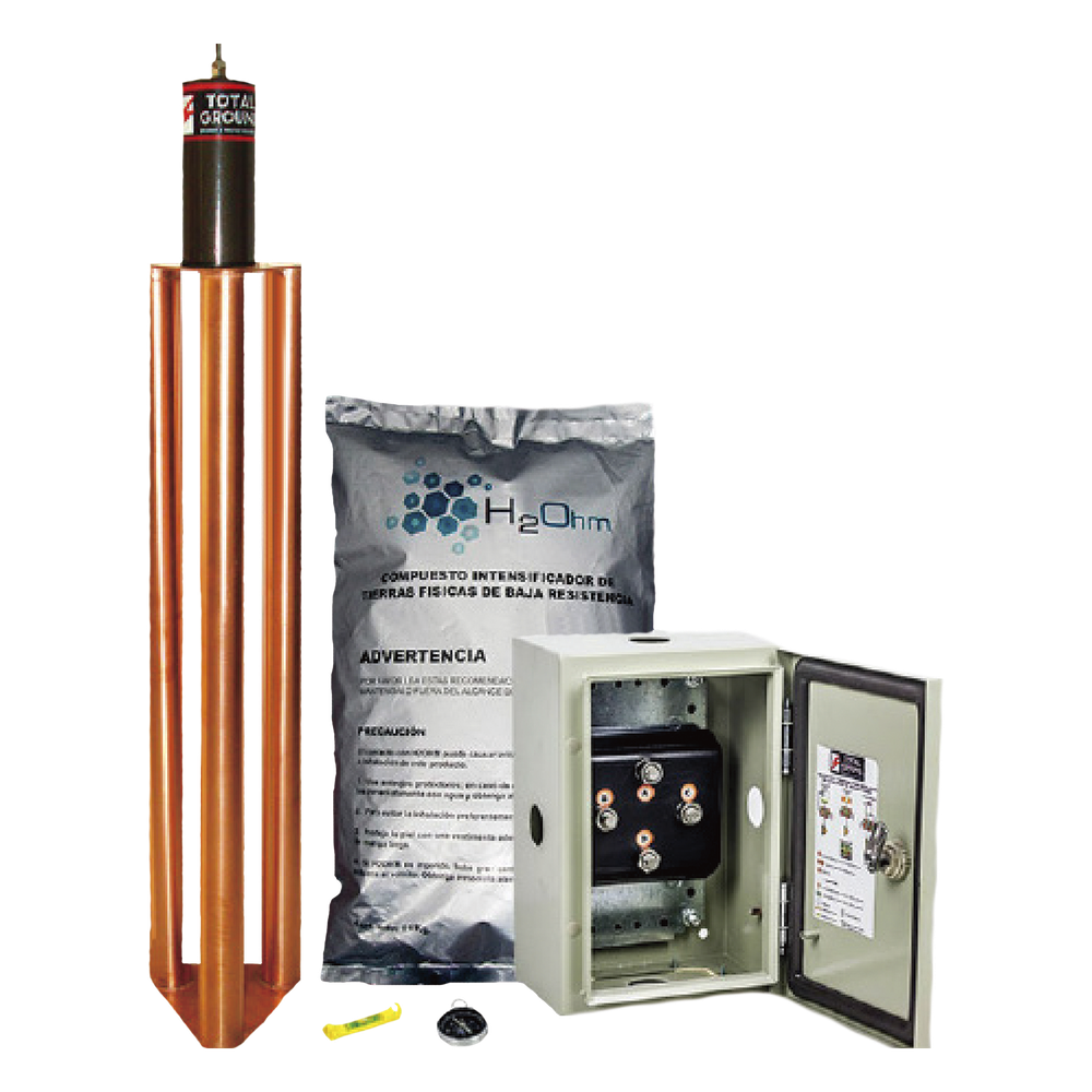 Kit de puesta a tierra de 100 Amperes con Electrodo, Filtro, Acoplador y Compuesto H2Ohm.
