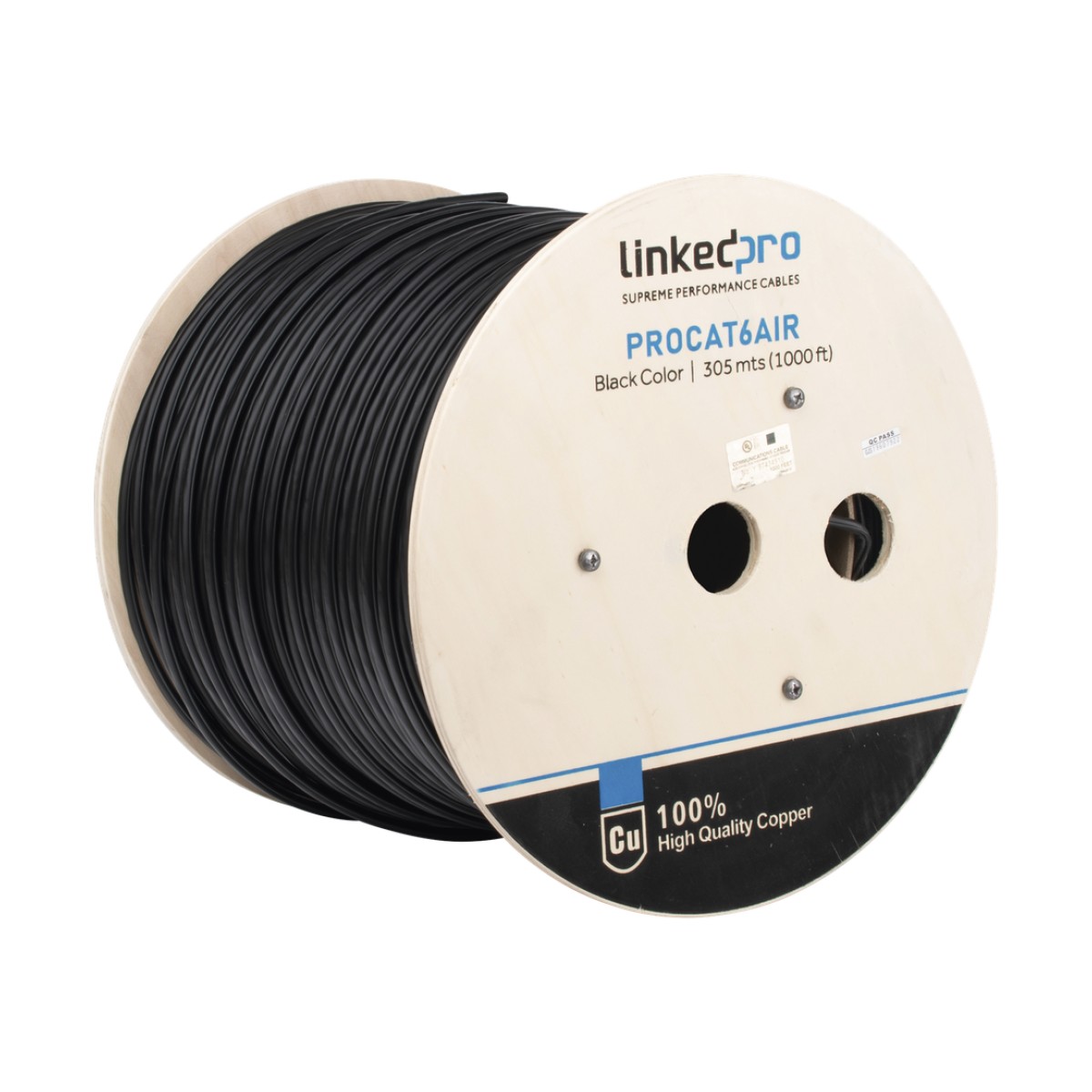 Bobina de Cable FTP con Mensajero de Acero de 305 Metros (1000 Pies) Cat6+ Calibre 23, Color Negro, para Aplicaciones en Video Vigilancia y Redes de Datos / Uso en Intemperie y Aplicaciones Aéreas