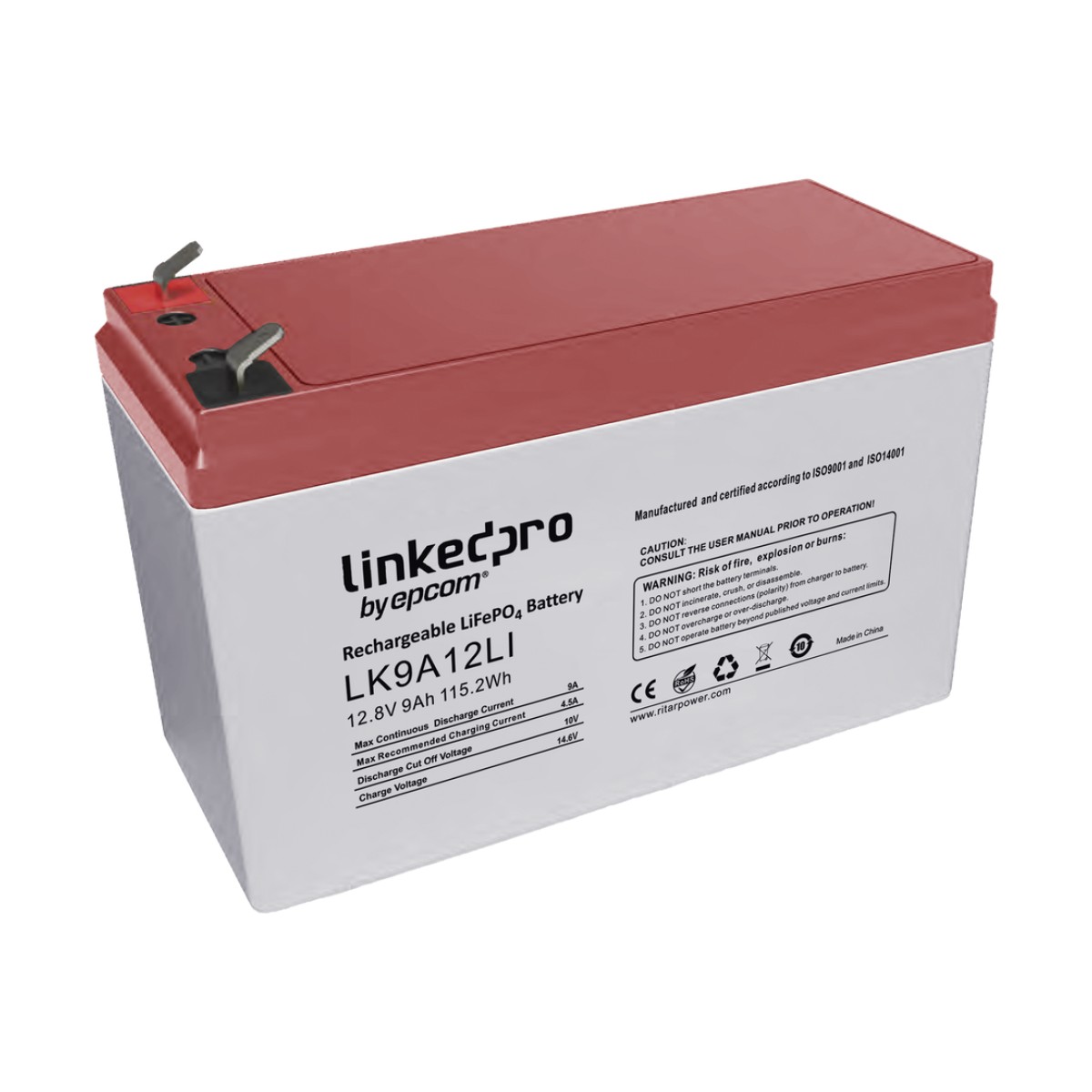 Batería de Litio 12.8 Vcc / 9 Ah / Tecnología LiFePO4 / 2000 Ciclos de Vida / Para uso en equipo electrónico, UPS (litio) / Incendio / Control de acceso / Video Vigilancia / Terminales F2 (Incluye adaptador para terminal F1)