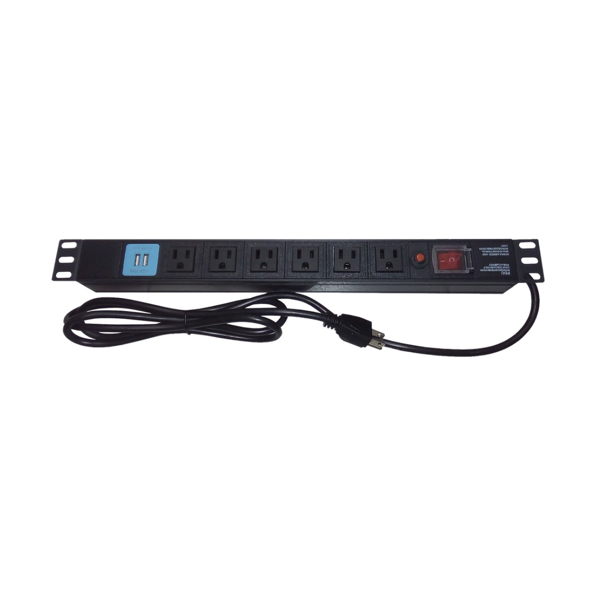 Tomacorriente Horizontal (PDU) de 6 contactos (NEMA 5-15R) + 2 USB para instalación en Rack de 19", 1UR, 125 Vca/ 15 A (THE0040091001001)