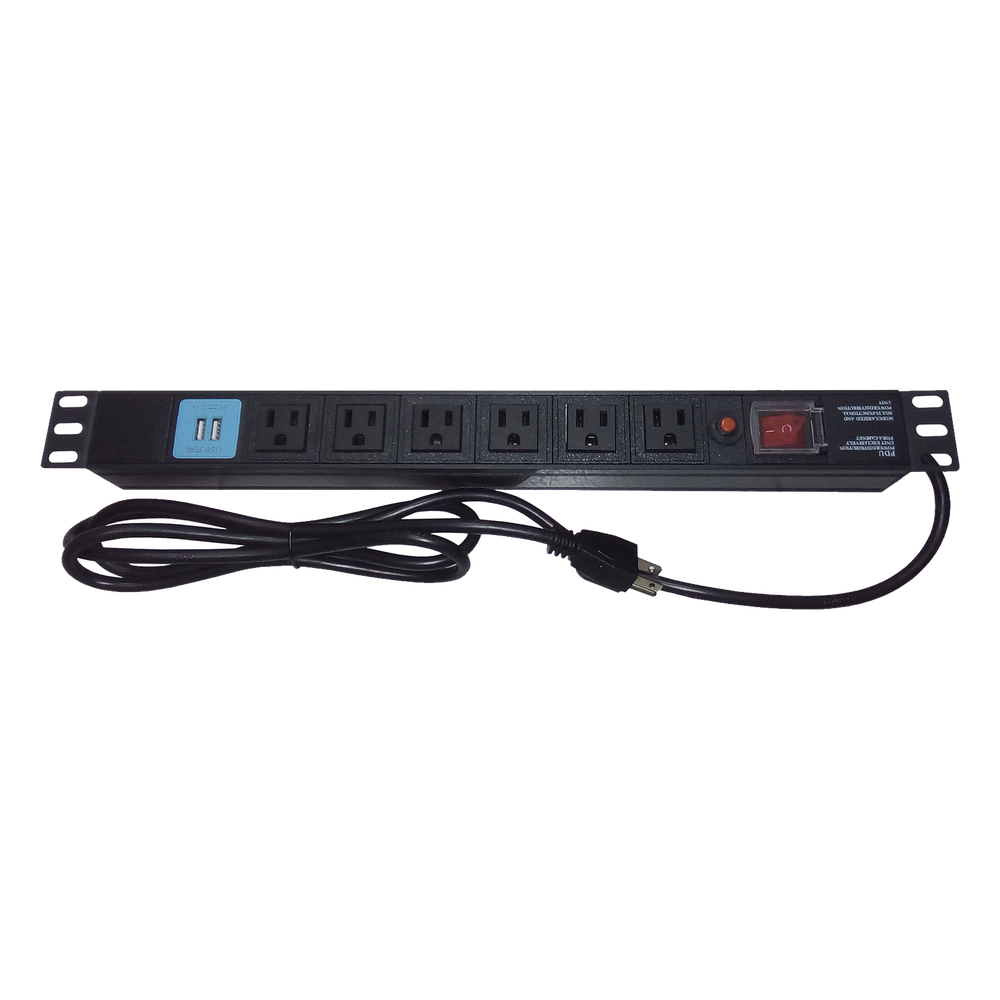 Tomacorriente Horizontal (PDU) de 6 contactos (NEMA 5-15R) + 2 USB para instalación en Rack de 19", 1UR, 125 Vca/ 15 A (THE0040091001001)