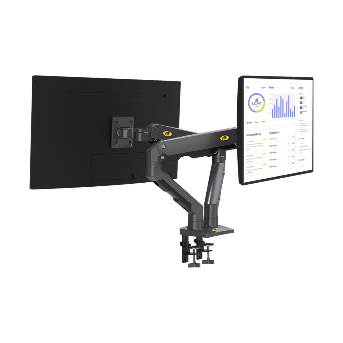 Montaje de Escritorio articulado para 2 monitores de 27-34" /  Soporta hasta 16 kg  por brazo/ Vesa 75 x 75 / 100 x 100 / Acero / Giro: 360°