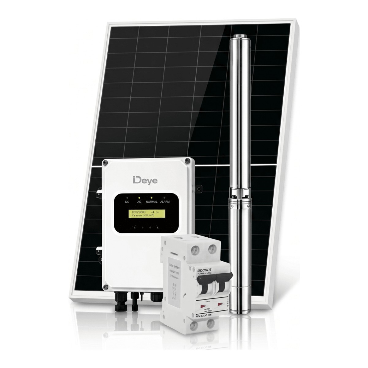 Kit de Bombeo Solar 800W (1 HP) / Bomba Sumergible con Controlador Integrado 60-220V CD / 3 Módulos Solares 540W / Interruptor Termomagnético 2P 20A 800V CC / Protector de Descargas Atmosféricas / Gabinete IP66
