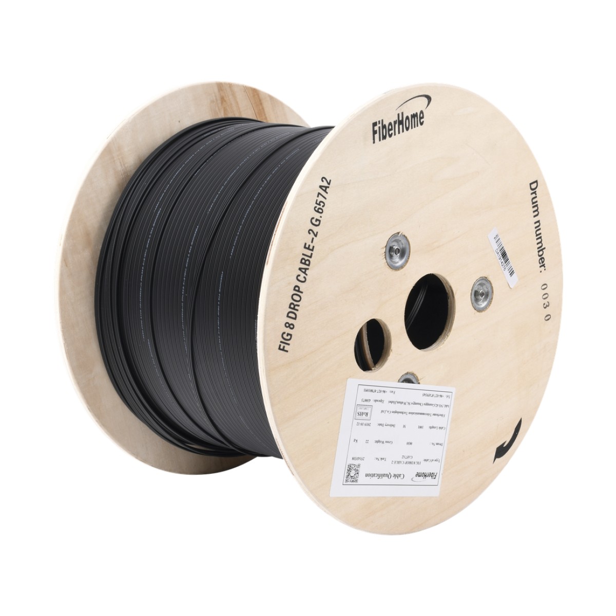 Carrete de 1 km de Fibra Óptica Aérea Mini Figura 8 G.657A2 Tipo Drop, Monomodo de 2 Hilos (Bifibra), Diseñada para Fusionarse, Color Negro, Span 80, (No Soporta Conectores Mecánicos)