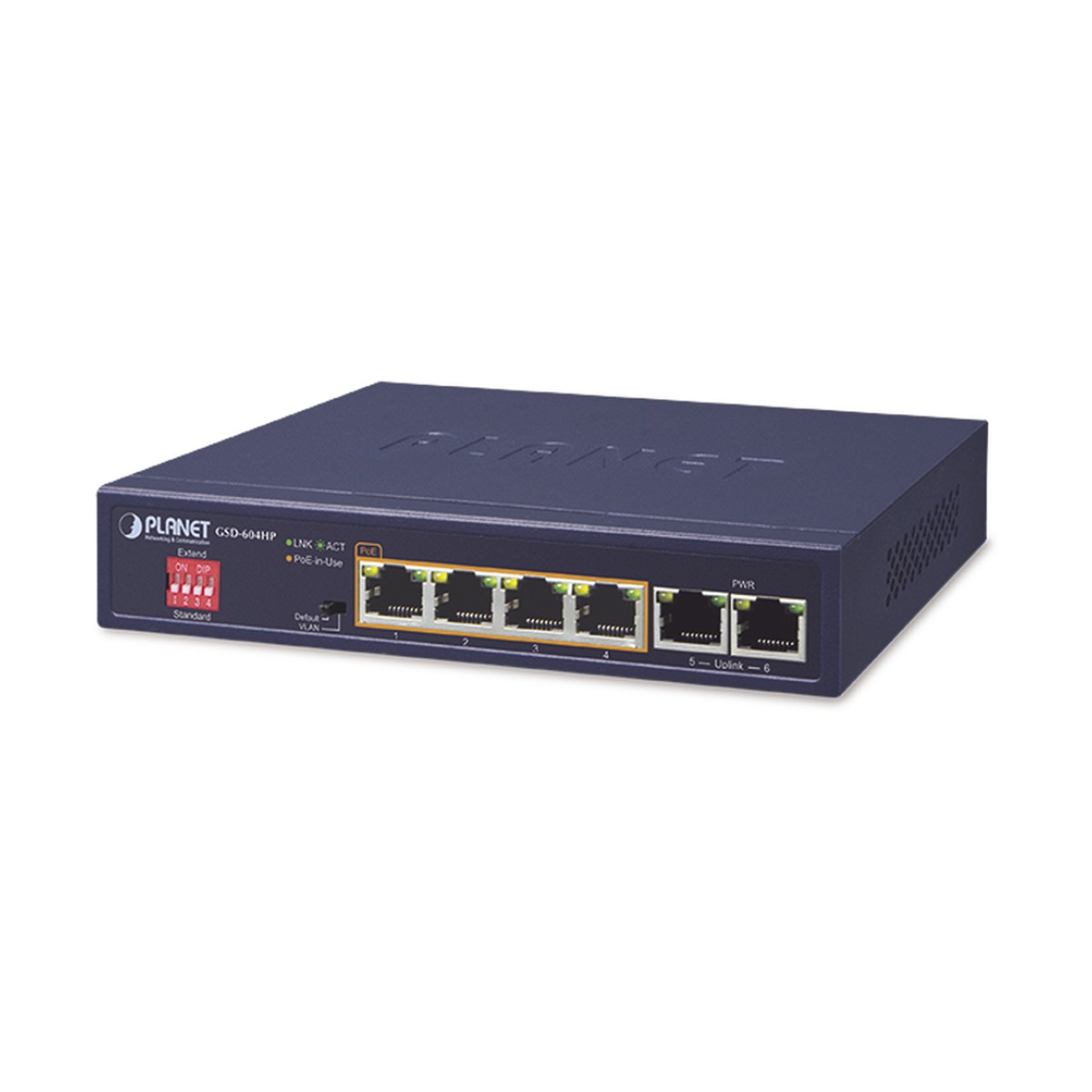 Switch No Administrable 4 Puertos 10/100/1000T 802.3at PoE + 2 Puertos 10/100/1000T de Uplink para Escritorio