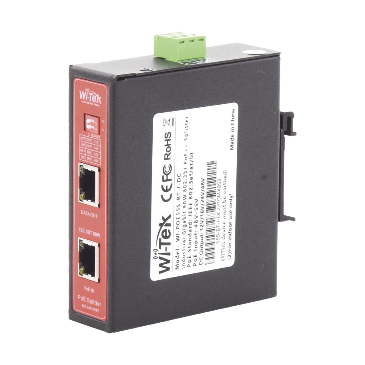 Splitter PoE IN hasta 90 W / Salida DC 12v/16V/24v o 48V / Carcasa metálica / Industrial soporte para riel DIN / Aplicaciones CCTV