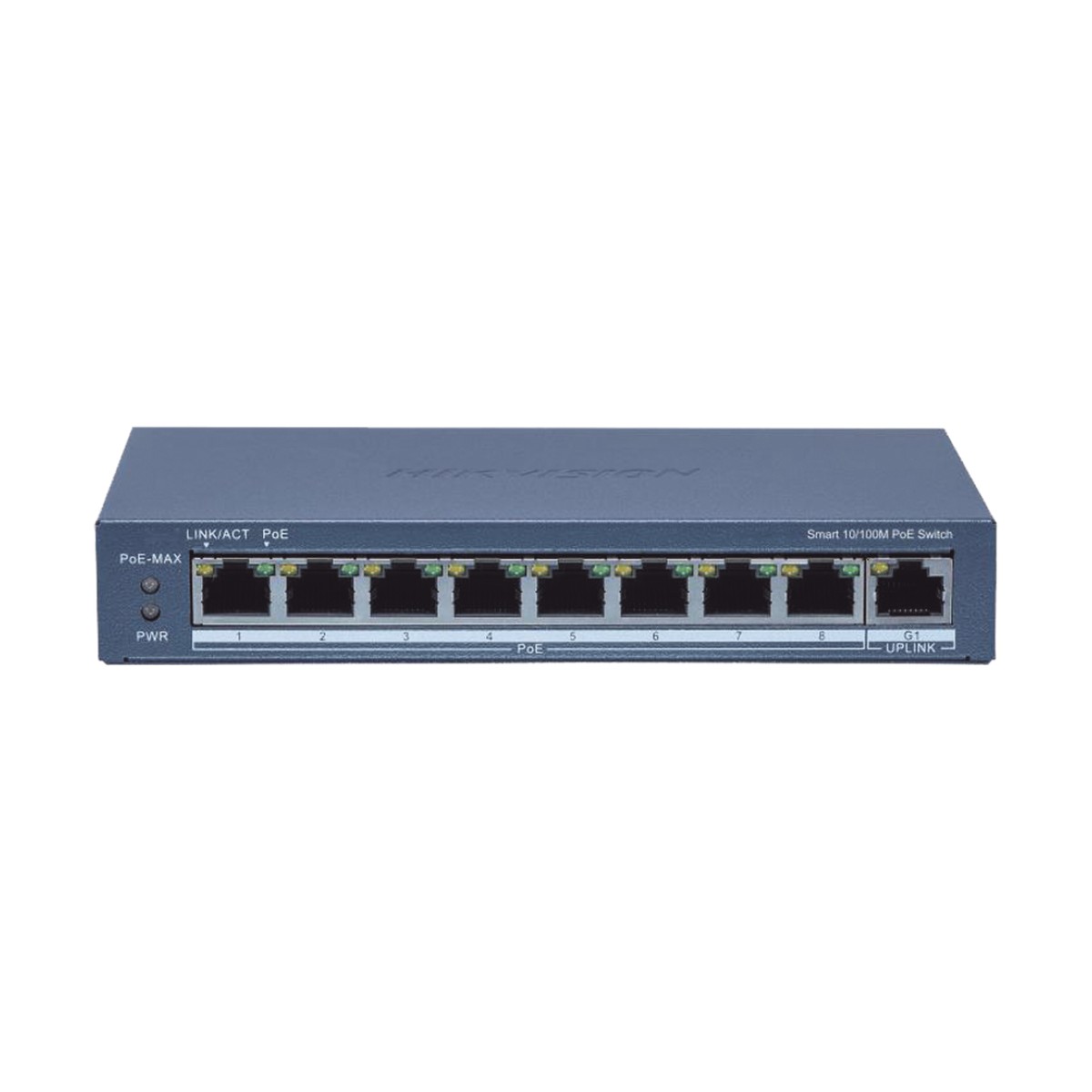 Switch Administrable PoE+ / 8 puertos 100 Mbps PoE+ / 1 puerto 1000 Mbps de Uplink / PoE hasta 300 Metros / Conexión Remota desde Hik-ParnerPro / 110 W